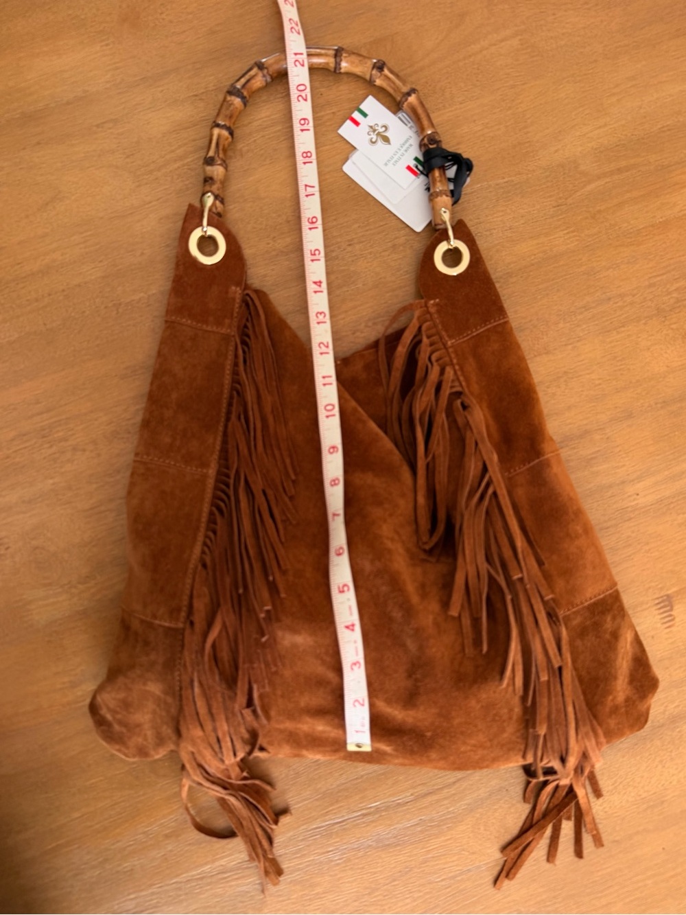 MARLON Made In Italy Fringed Suede Hobo Bag with Bamboo Handle - Picture 7 of 11